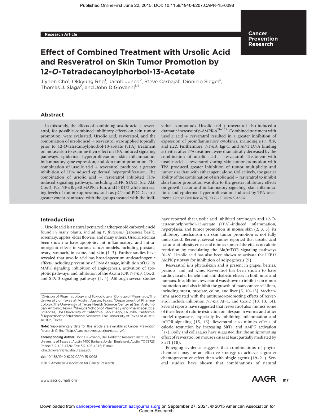 Effect of Combined Treatment with Ursolic Acid and Resveratrol On