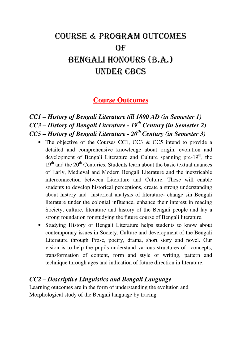 Course & Program Outcomes of Bengali Honours (B.A