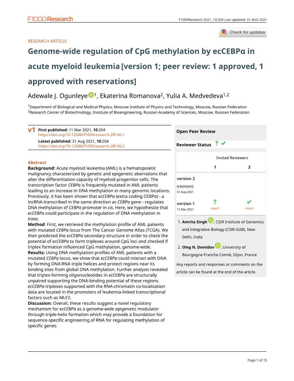 Genome-Wide Regulation of Cpg Methylation by Eccebpα in Acute Myeloid Leukemia [Version 1; Peer Review: 1 Approved, 1 Approved with Reservations]