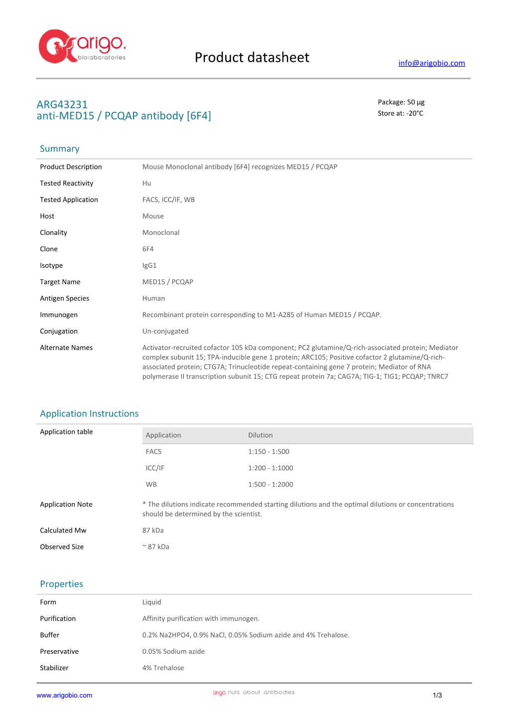 Anti-MED15 / PCQAP Antibody [6F4] (ARG43231)