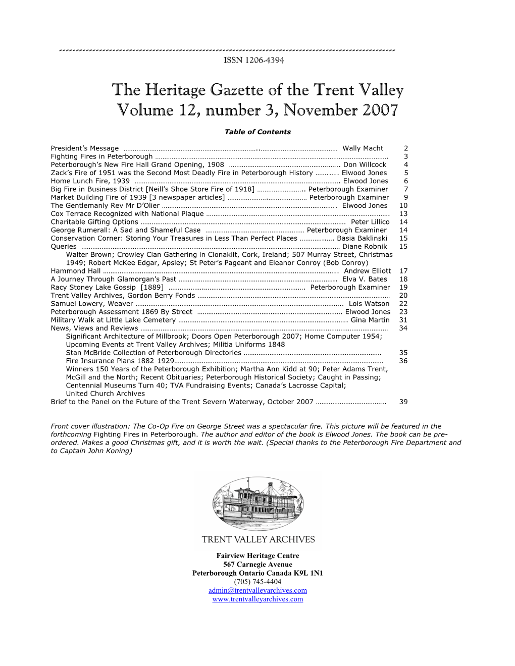 The Heritage Gazette of the Trent Valley Volume 12, Number 3, November 2007