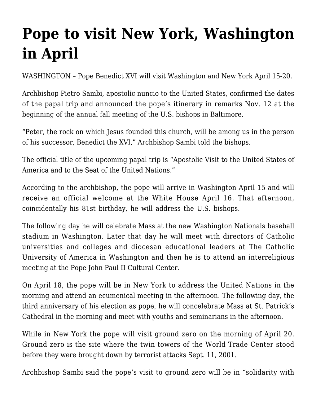 Pope to Visit New York, Washington in April