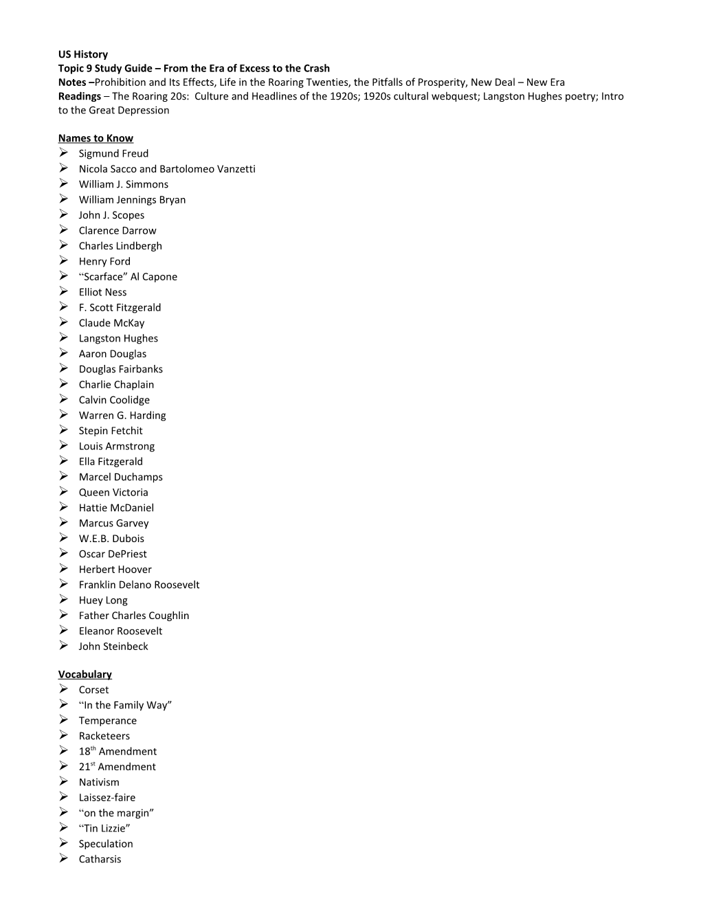 Topic 9 Study Guide from the Era of Excess to the Crash