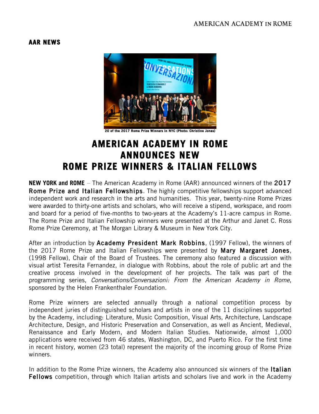 American Academy in Rome Announces New Rome Prize Winners & Italian Fellows