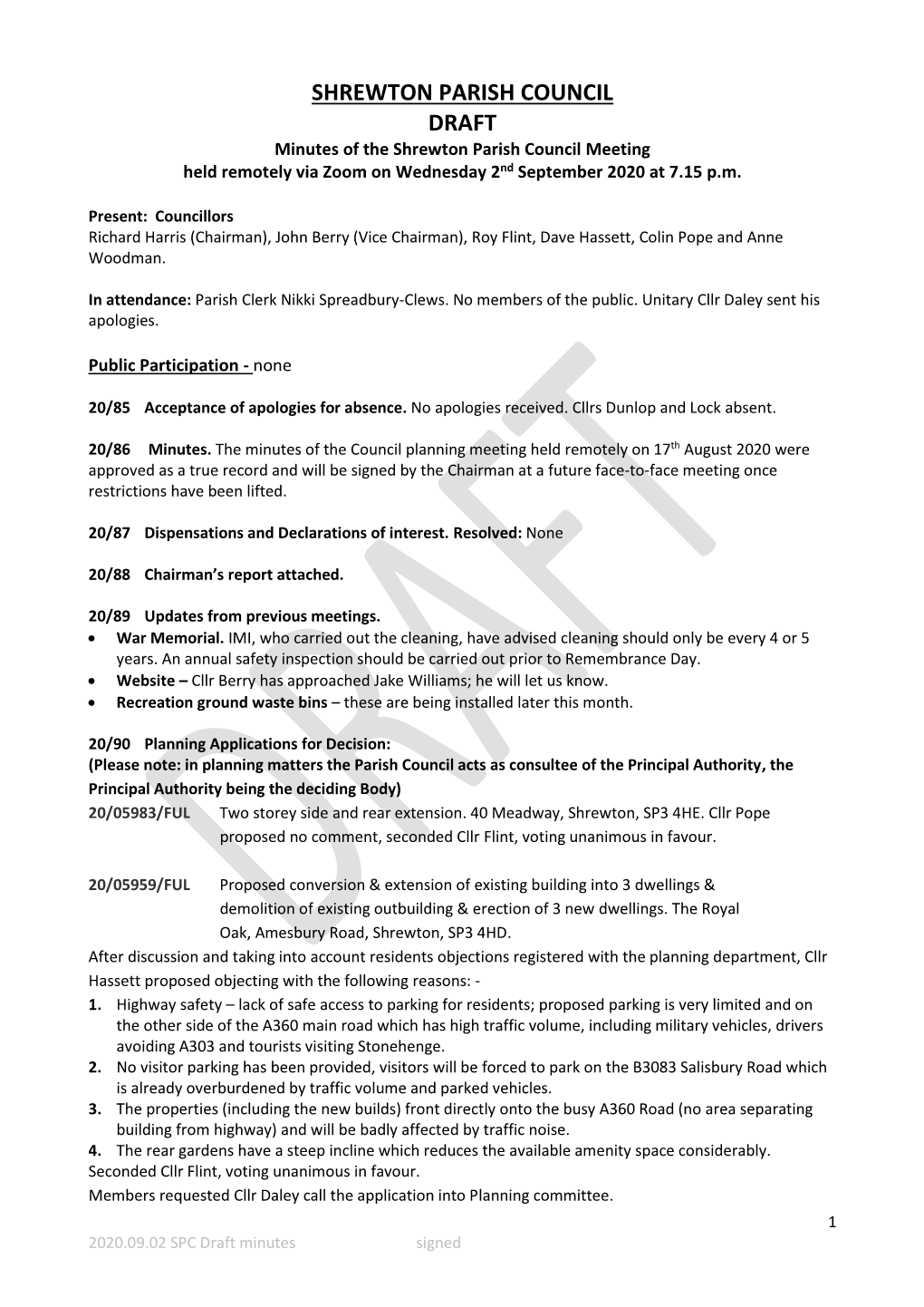 SHREWTON PARISH COUNCIL DRAFT Minutes of the Shrewton Parish Council Meeting Held Remotely Via Zoom on Wednesday 2Nd September 2020 at 7.15 P.M