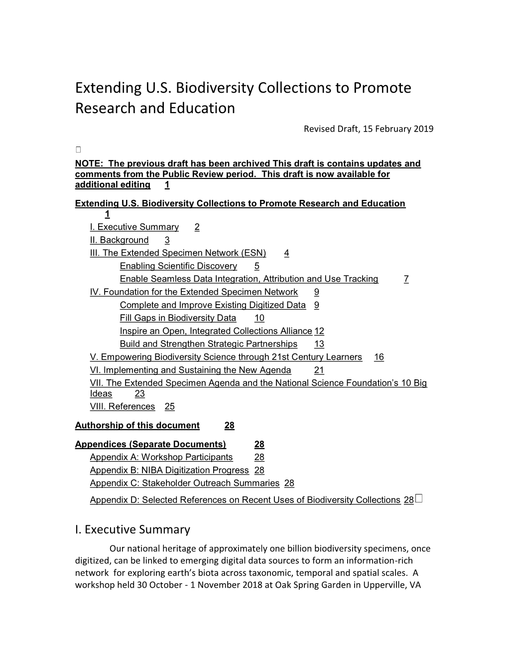 Extending U.S. Biodiversity Collections to Promote Research and Education Revised Draft, 15 February 2019