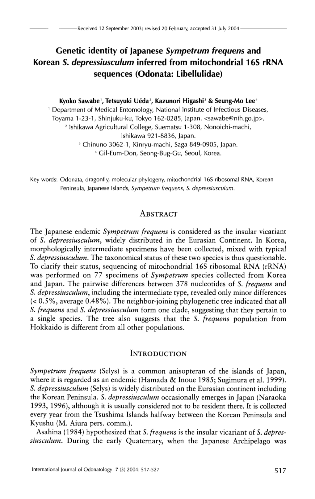 Genetic Identity of Japanese Sympetrum Frequens and Korean S