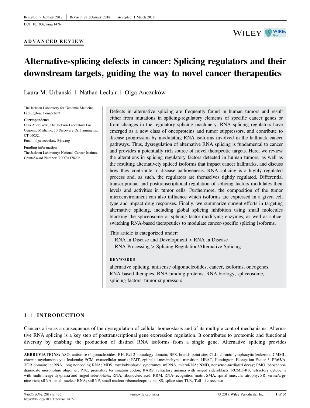 Alternative-Splicing Defects in Cancer: Splicing Regulators and Their Downstream Targets, Guiding the Way to Novel Cancer Therapeutics