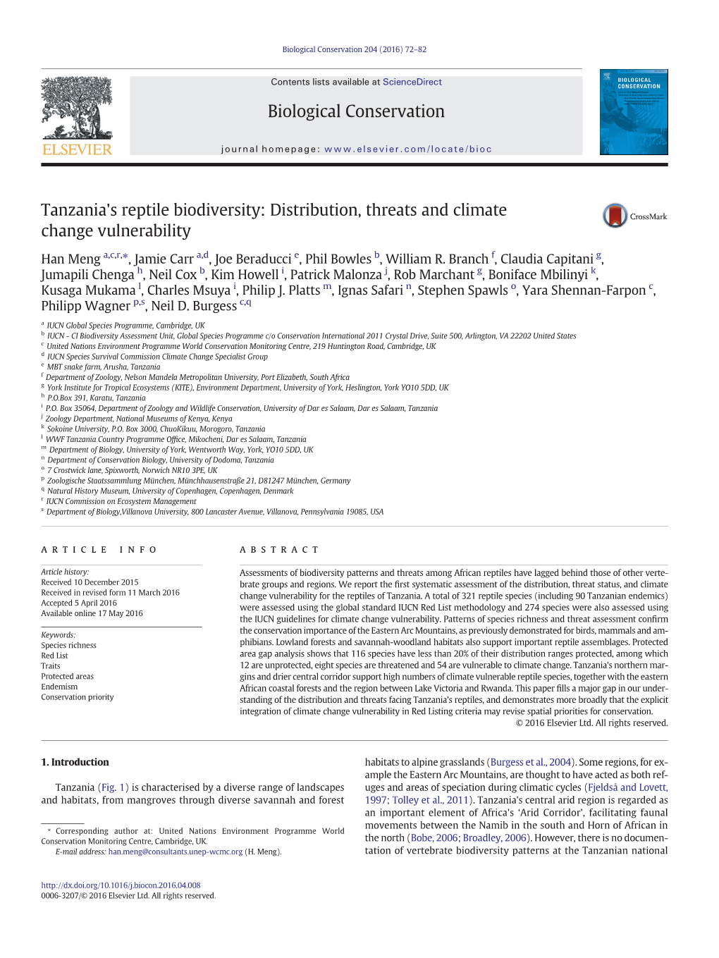 Tanzania's Reptile Biodiversity: Distribution, Threats and Climate Change Vulnerability