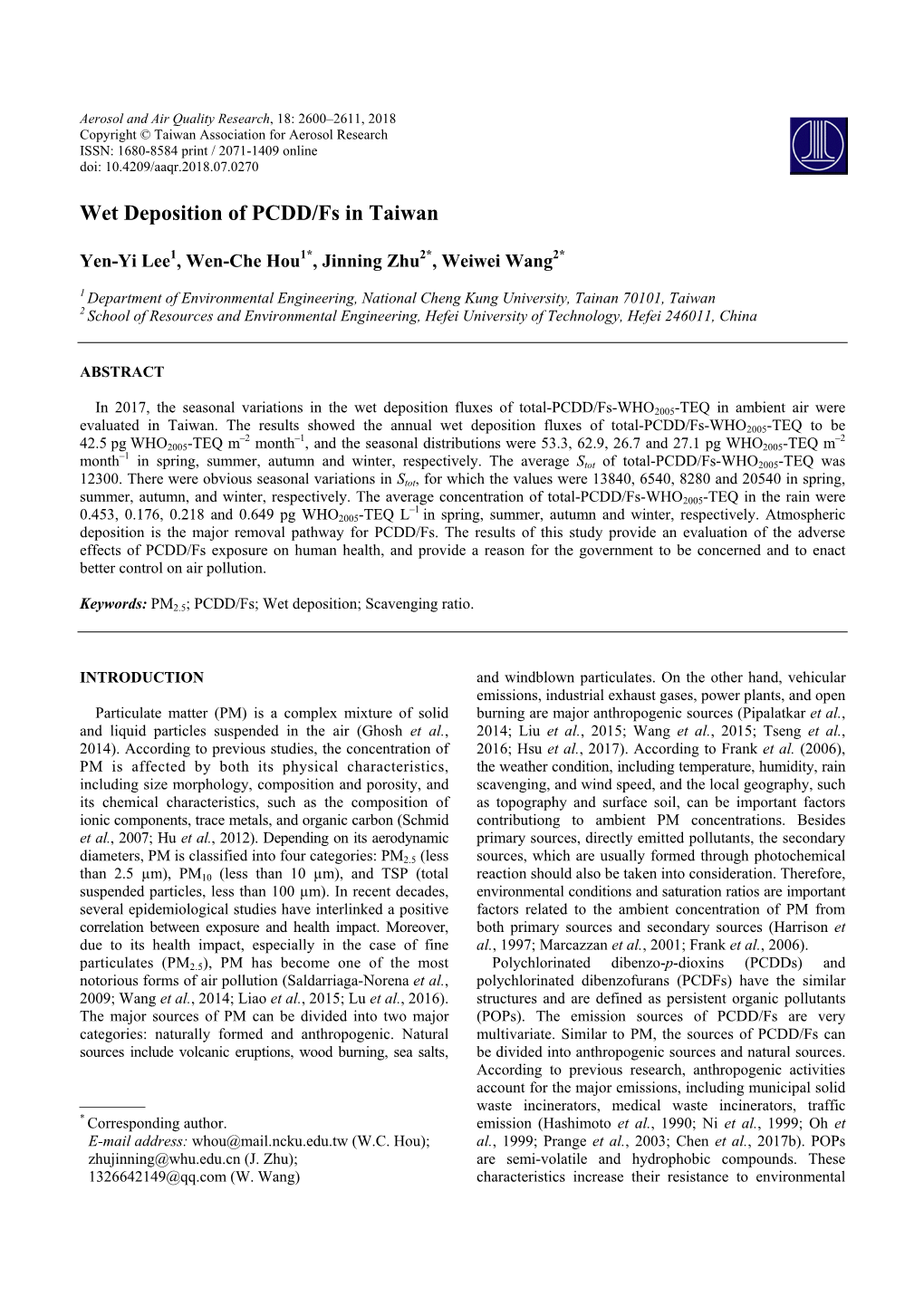 Wet Deposition of PCDD/Fs in Taiwan