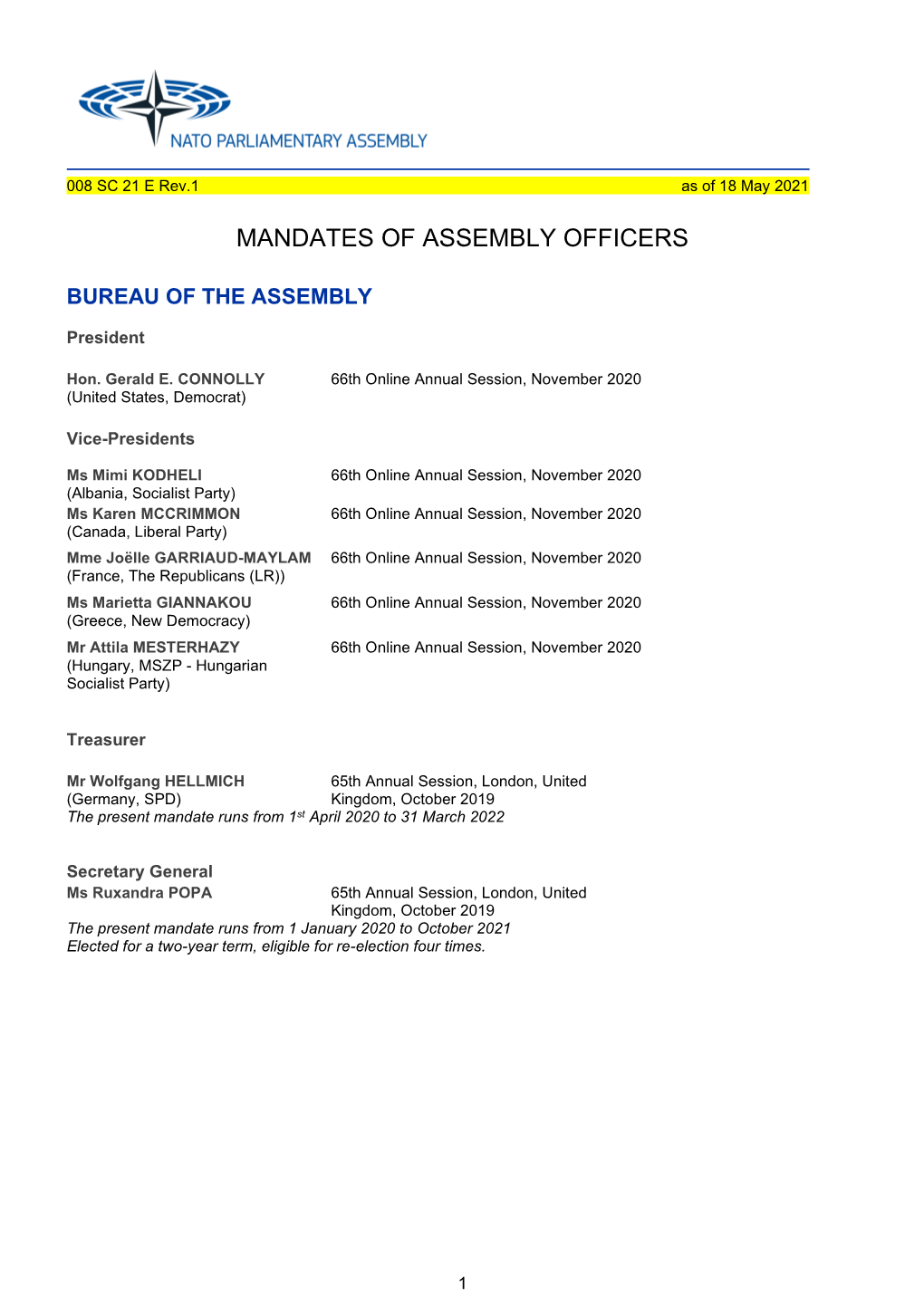 Mandates of Assembly Officers