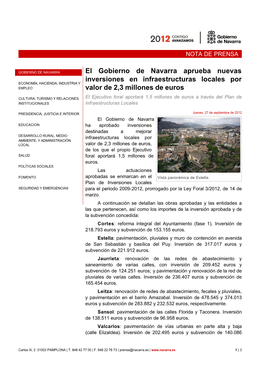 El Gobierno De Navarra Aprueba Nuevas Inversiones En Infraestructuras Locales Por Valor De 2,3 Millones De Euros