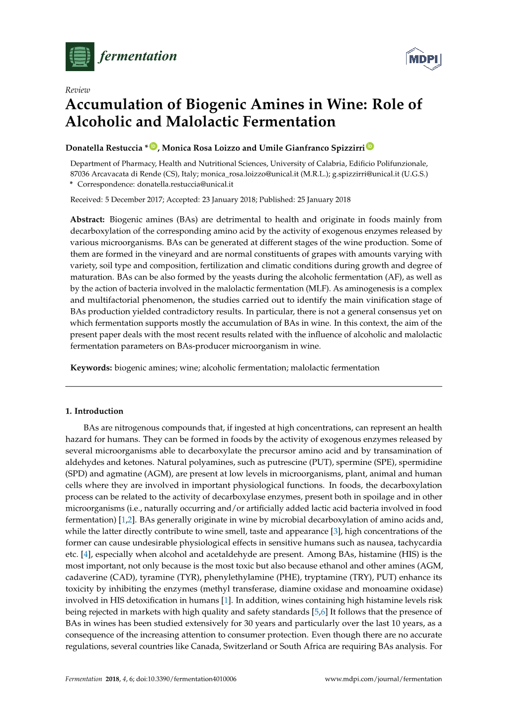 Accumulation of Biogenic Amines in Wine: Role of Alcoholic and Malolactic Fermentation