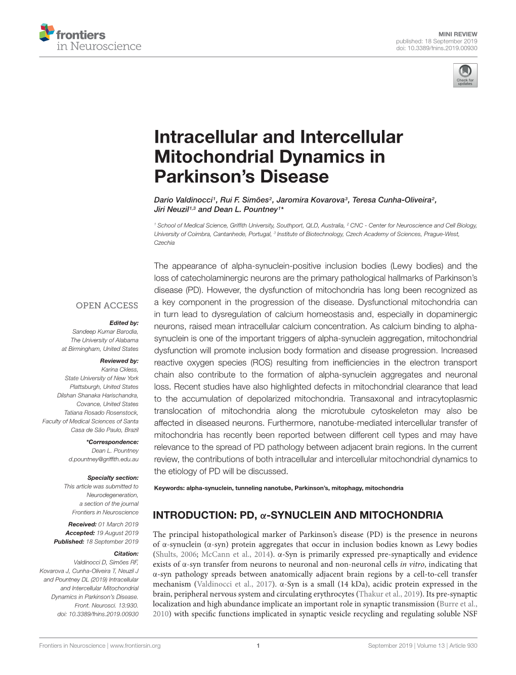 Intracellular and Intercellular Mitochondrial Dynamics in Parkinson’S Disease