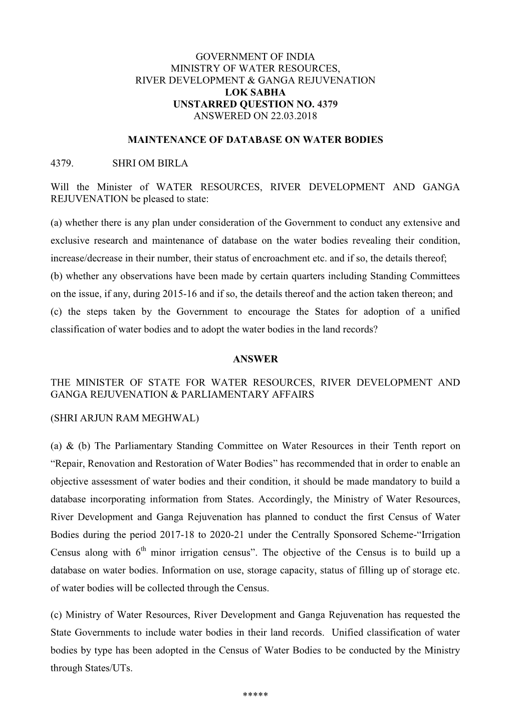 Government of India Ministry of Water Resources, River Development & Ganga Rejuvenation Lok Sabha Unstarred Question No