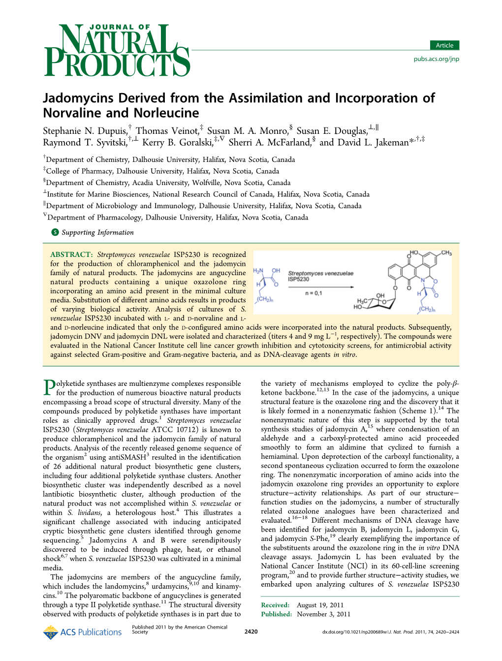 Jadomycins Derived from the Assimilation and Incorporation of Norvaline and Norleucine Stephanie N