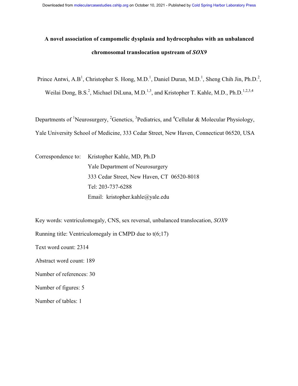 A Novel Association of Campomelic Dysplasia with Hydrocephalus Due to an Unbalanced Chromosomal Translocation Upstream of SOX9