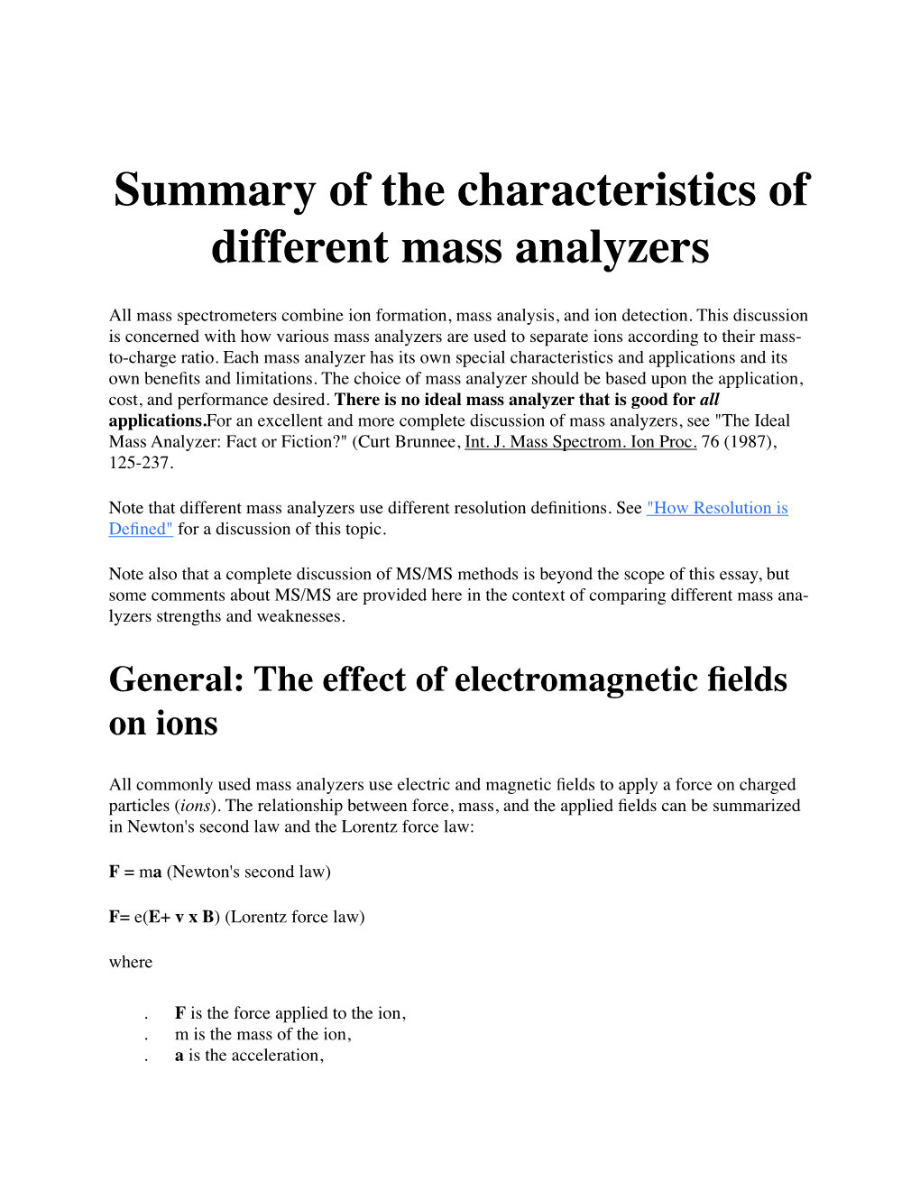 Summary of the Characteristics of Different Mass Analyzers