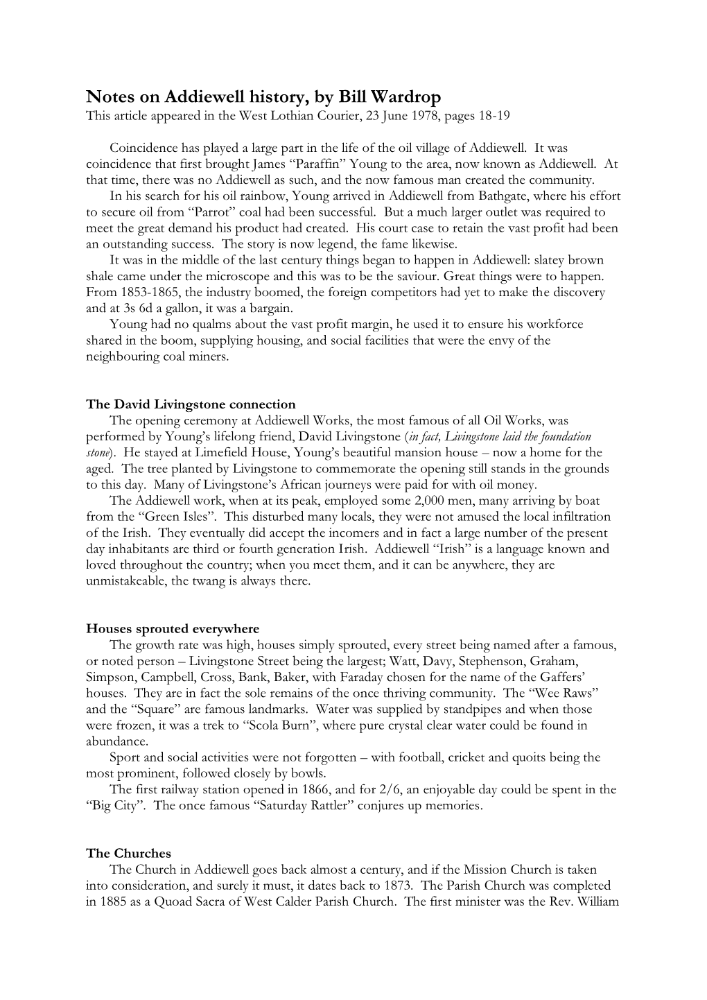 Notes on Addiewell History, by Bill Wardrop This Article Appeared in the West Lothian Courier, 23 June 1978, Pages 18-19
