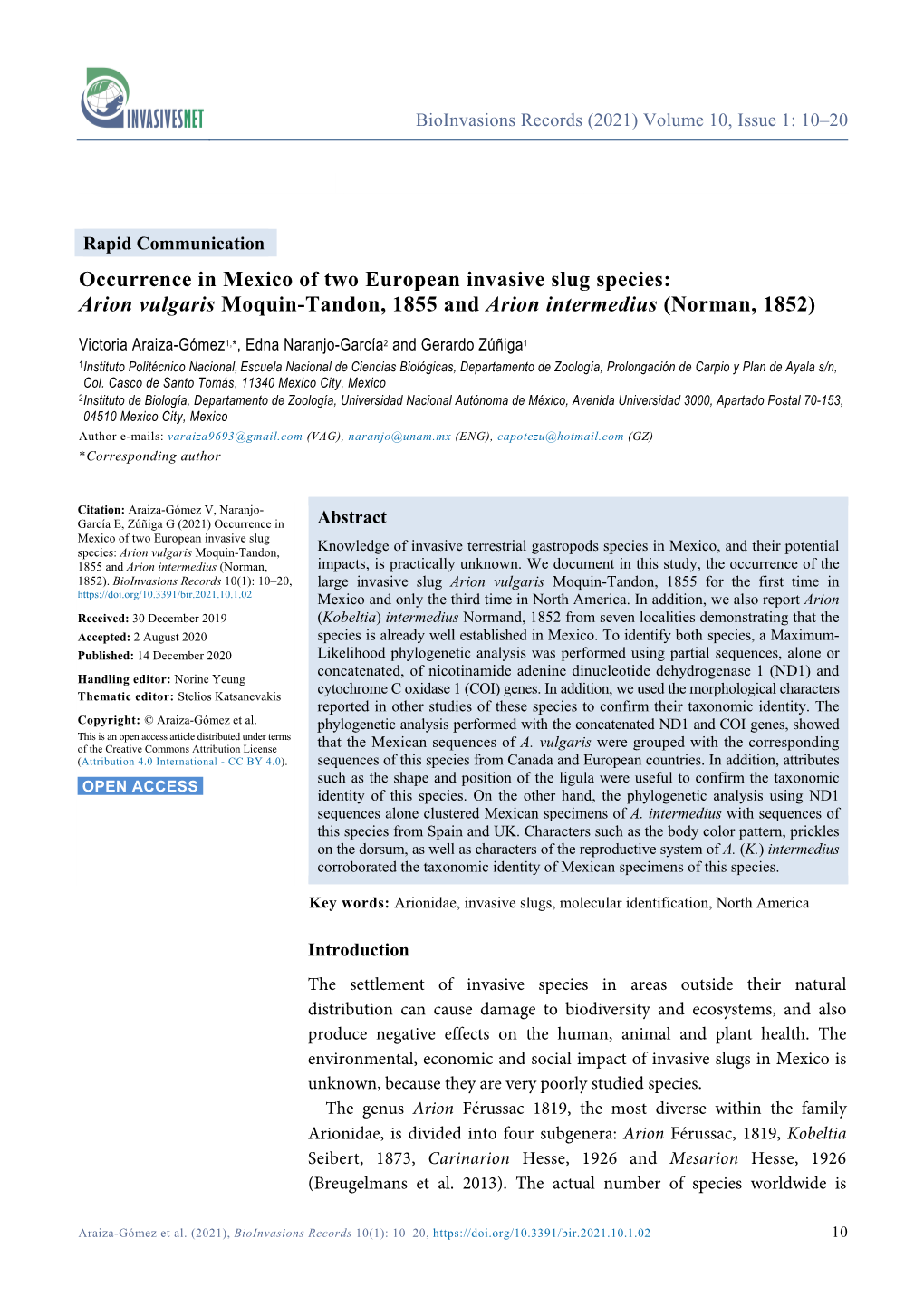 Occurrence in Mexico of Two European Invasive Slug Species: Arion Vulgaris Moquin-Tandon, 1855 and Arion Intermedius (Norman, 1852)