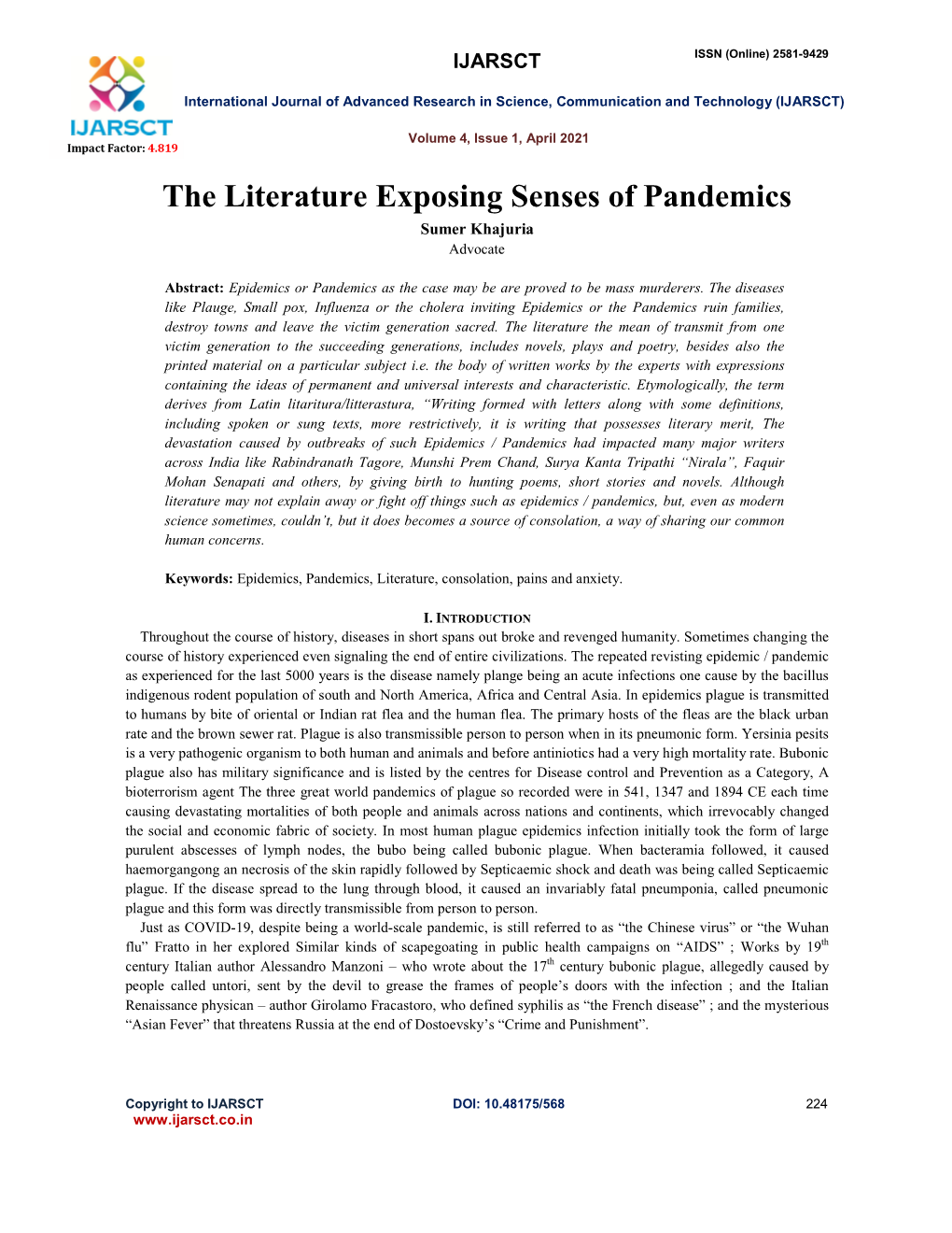 The Literature Exposing Senses of Pandemics Sumer Khajuria Advocate