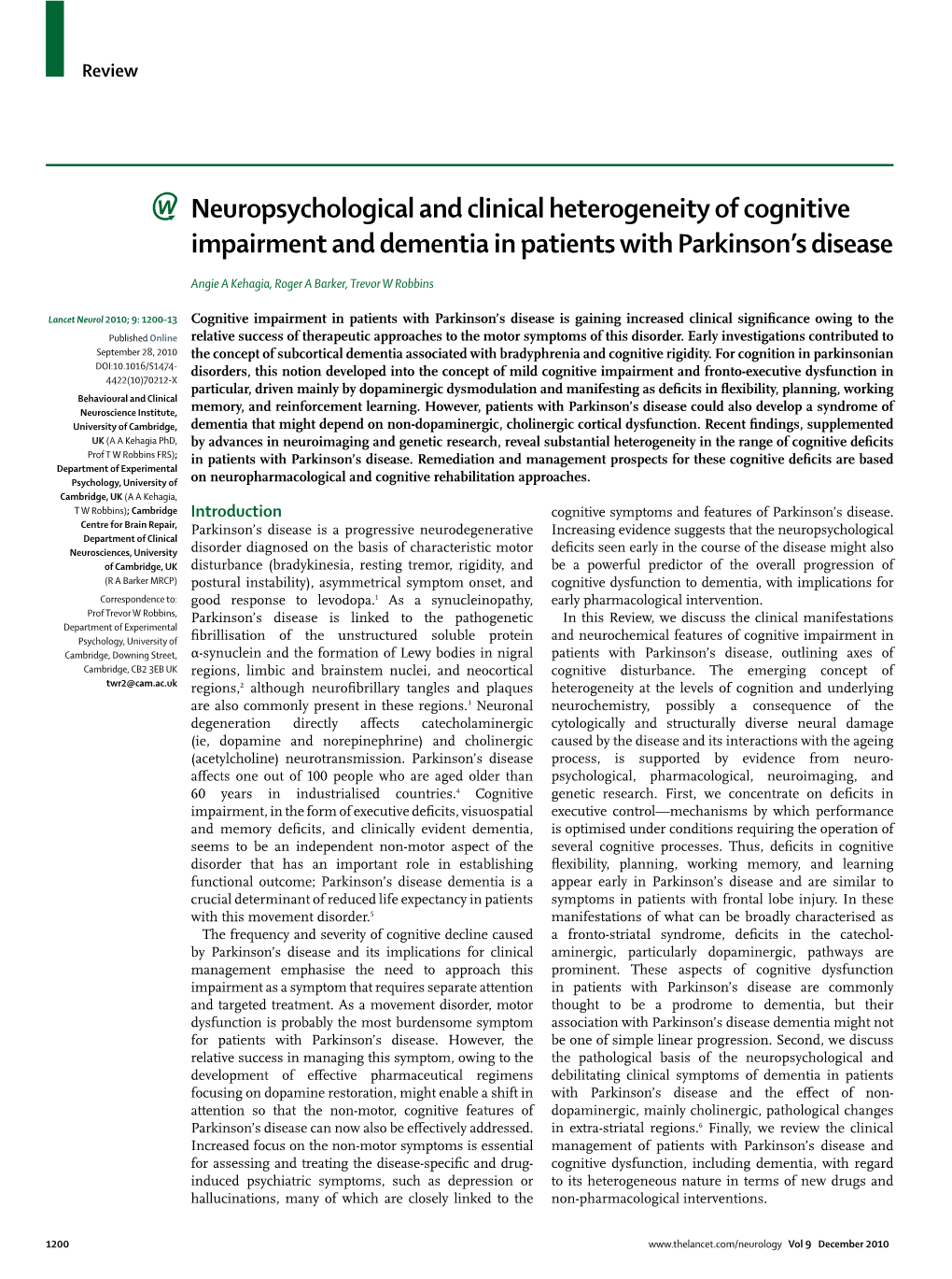Neuropsychological and Clinical Heterogeneity of Cognitive Impairment and Dementia in Patients with Parkinson’S Disease