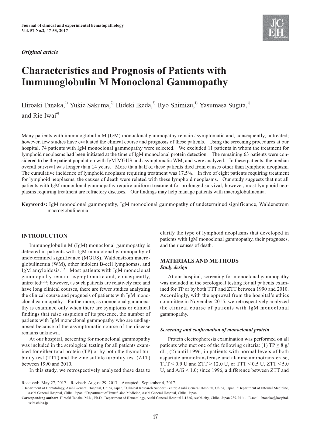 Characteristics and Prognosis of Patients with Immunoglobulin M Monoclonal Gammopathy