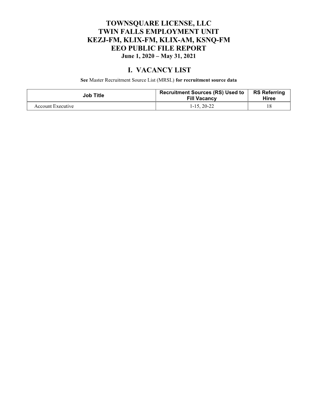 TOWNSQUARE LICENSE, LLC TWIN FALLS EMPLOYMENT UNIT KEZJ-FM, KLIX-FM, KLIX-AM, KSNQ-FM EEO PUBLIC FILE REPORT June 1, 2020 – May 31, 2021