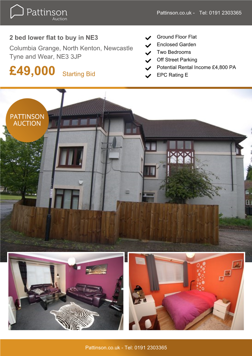 2 Bed Lower Flat to Buy in NE3 Columbia Grange, North Kenton