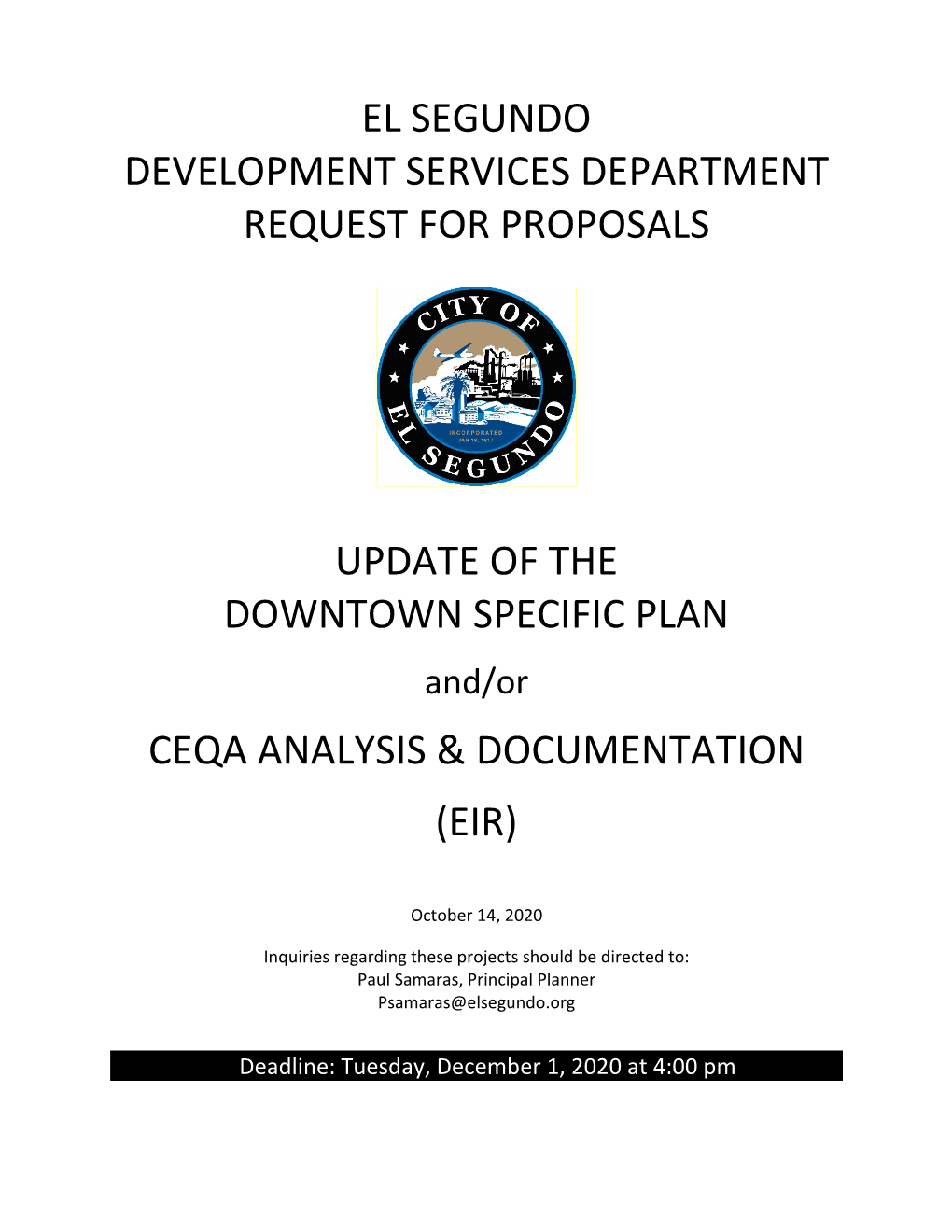 UPDATE of the DOWNTOWN SPECIFIC PLAN And/Or CEQA ANALYSIS & DOCUMENTATION (EIR)