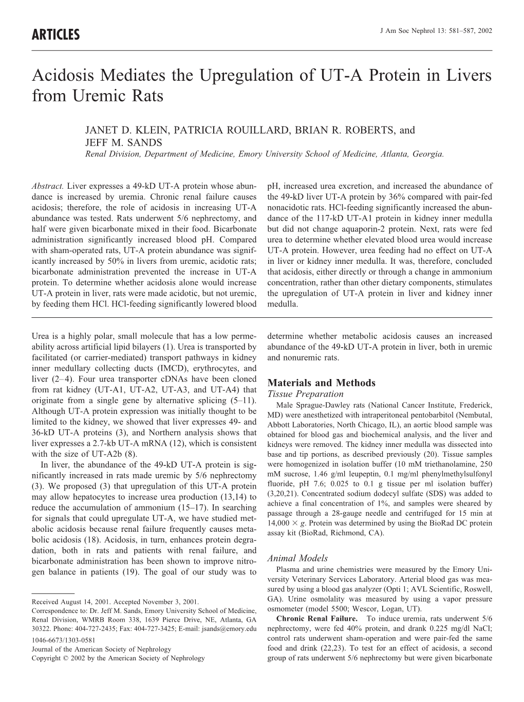 Acidosis Mediates the Upregulation of UT-A Protein in Livers from Uremic Rats