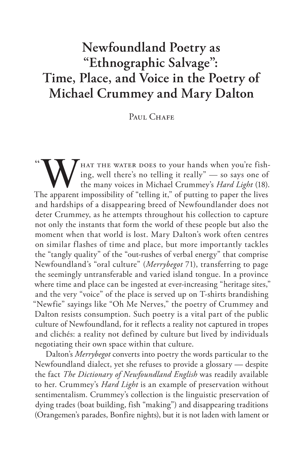 Newfoundland Poetry As “Ethnographic Salvage”: Time, Place, and Voice in the Poetry of Michael Crummey and Mary Dalton