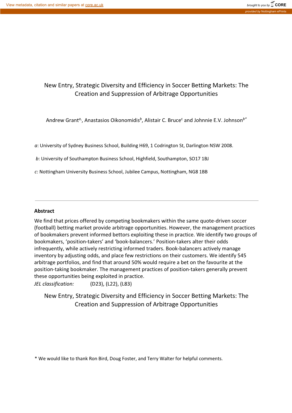 New Entry, Strategic Diversity and Efficiency in Soccer Betting Markets: the Creation and Suppression of Arbitrage Opportunities