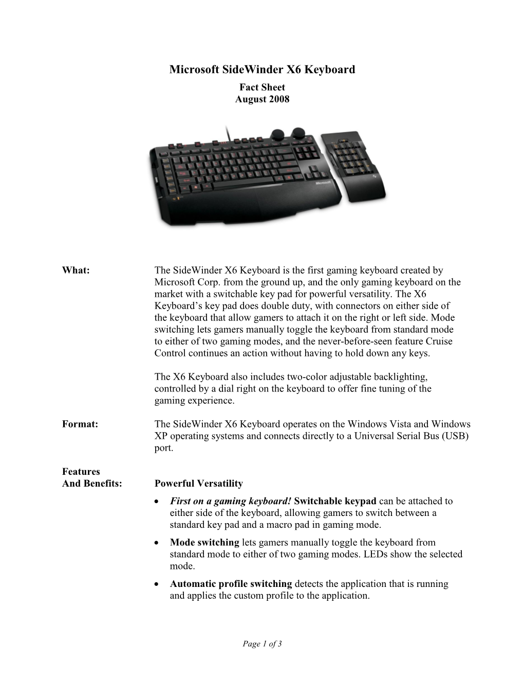 Microsoft Sidewinder X6 Keyboard Fact Sheet August 2008