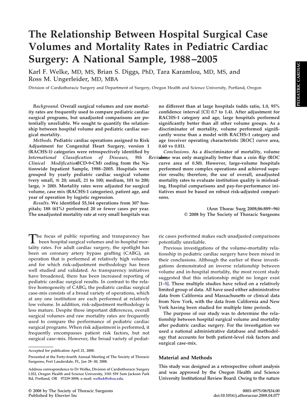 The Relationship Between Hospital Surgical Case Volumes and Mortality Rates in Pediatric Cardiac Surgery: a National Sample, 1988–2005 Karl F