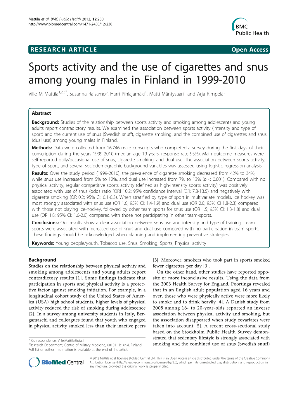 Sports Activity and the Use of Cigarettes and Snus Among Young