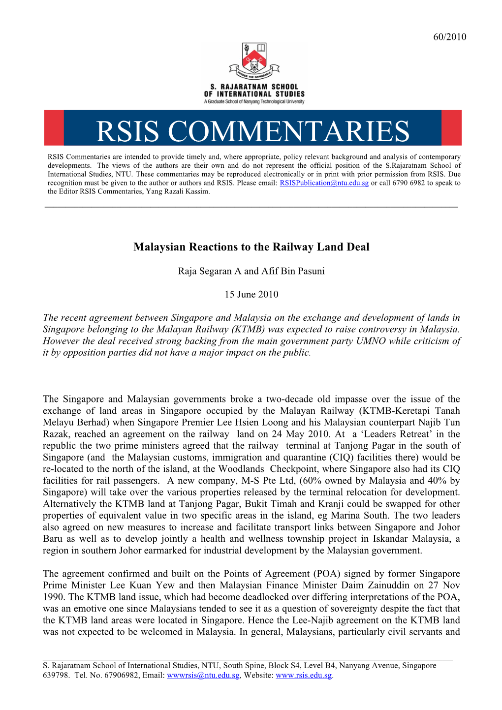 RSIS COMMENTARIES RSIS Commentaries Are Intended to Provide Timely And, Where Appropriate, Policy Relevant Background and Analysis of Contemporary Developments