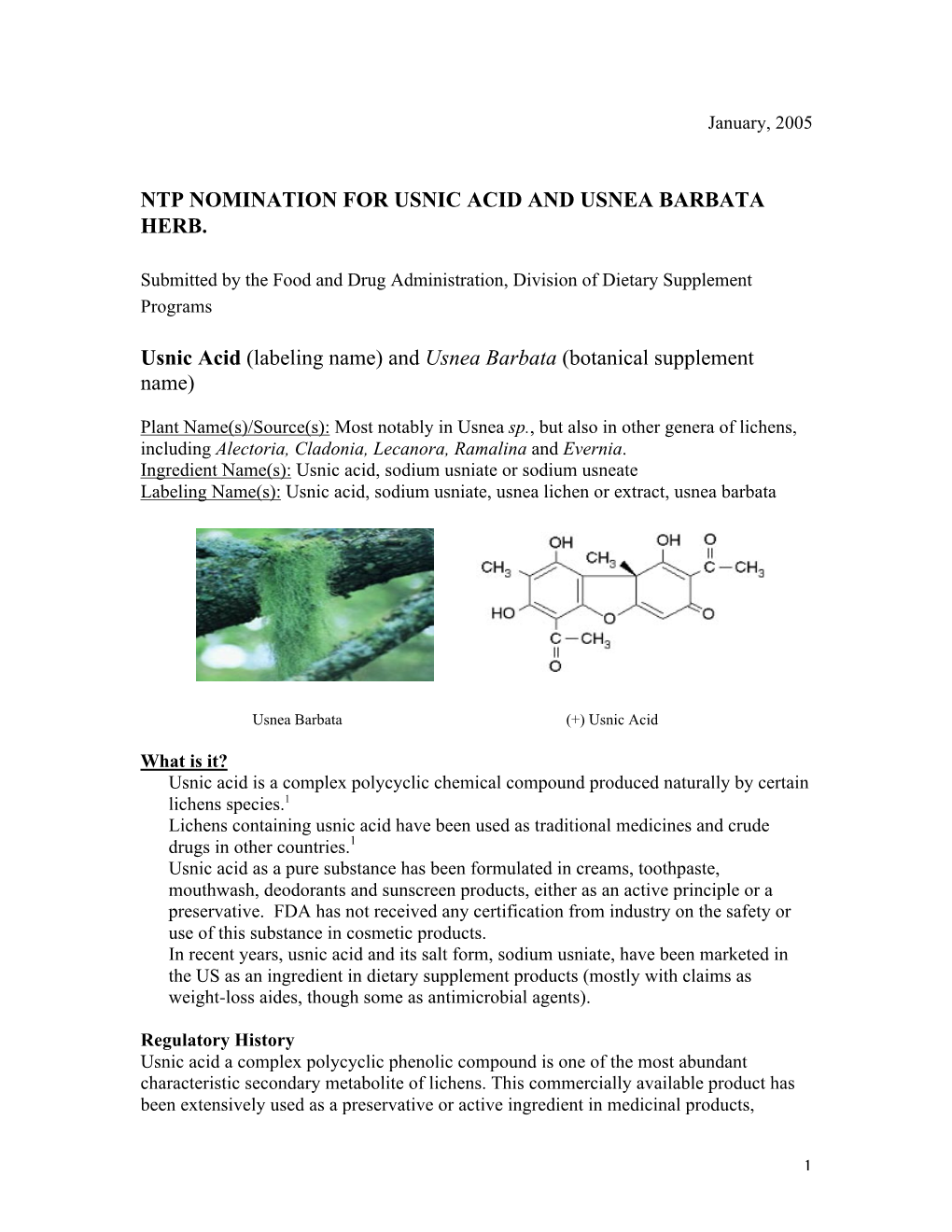 Ntp Nomination for Usnic Acid and Usnea Barbata Herb