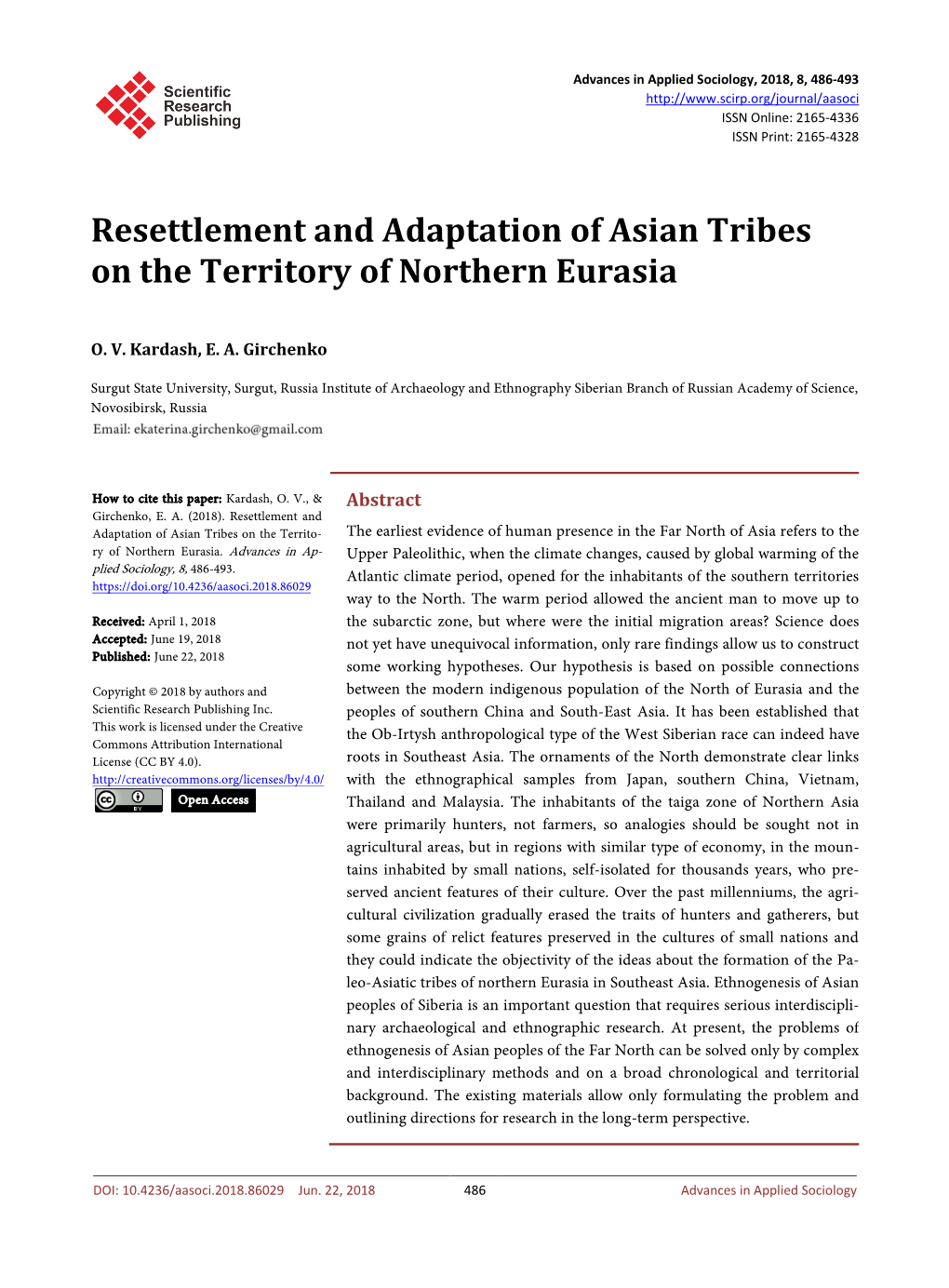 Resettlement and Adaptation of Asian Tribes on the Territory of Northern Eurasia