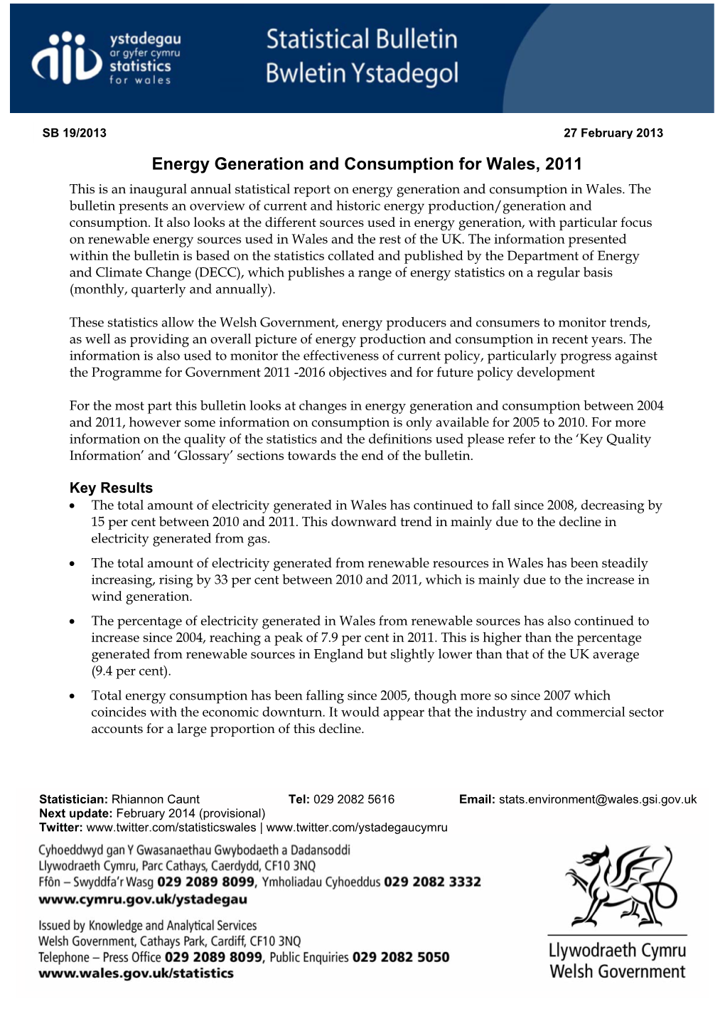 SB 19/2013 Energy Generation and Consumption for Wales, 2011