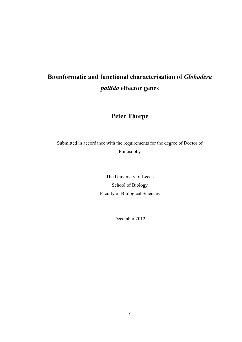 Bioinformatic and Functional Characterisation of Globodera Pallida Effector Genes