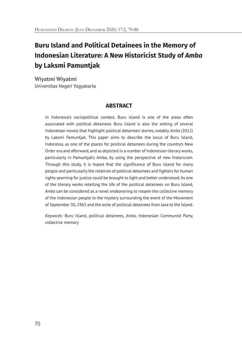 Buru Island and Political Detainees in the Memory of Indonesian Literature: a New Historicist Study of Amba by Laksmi Pamuntjak
