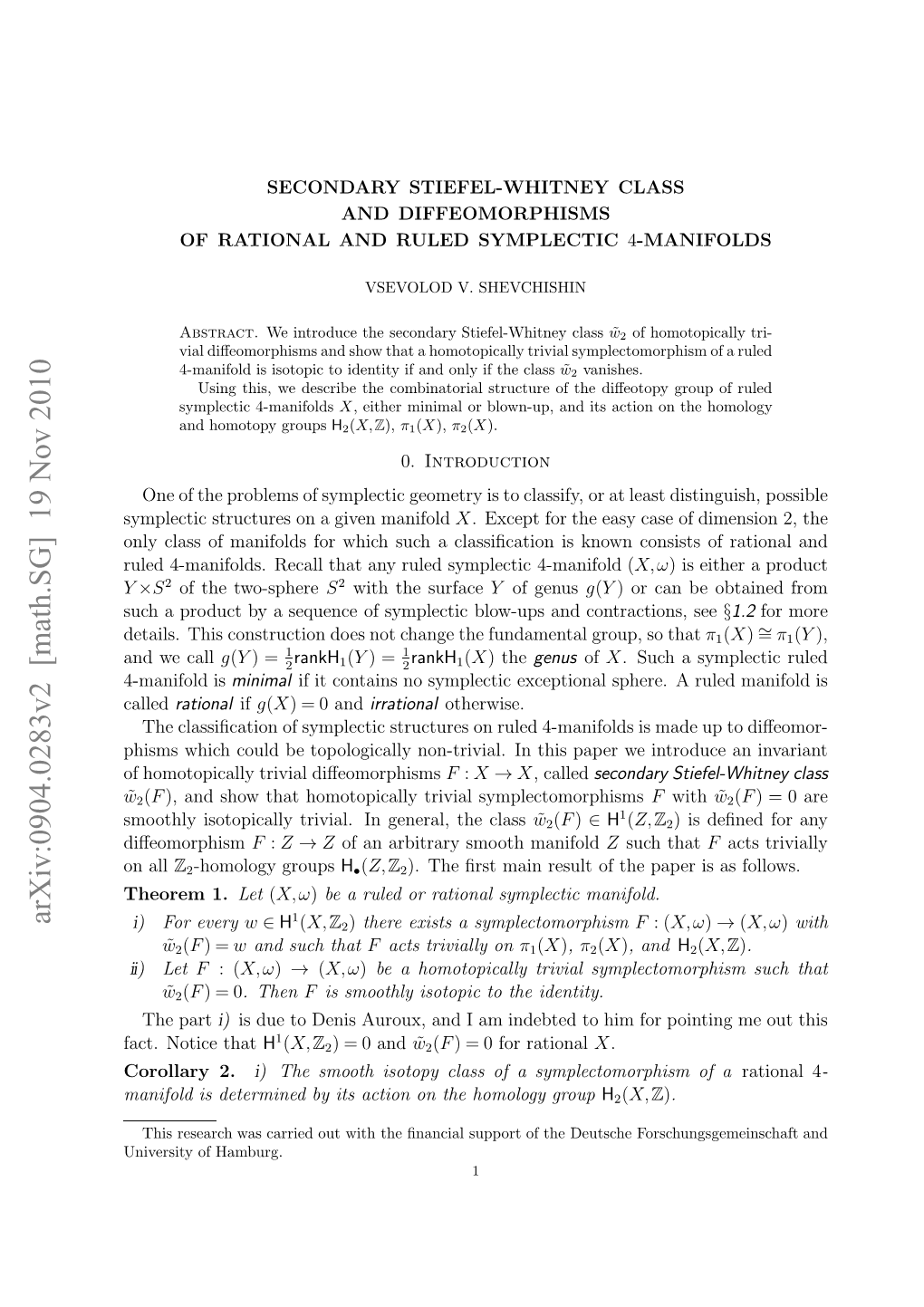 Secondary Stiefel-Whitney Class and Diffeomorphisms of Rational And