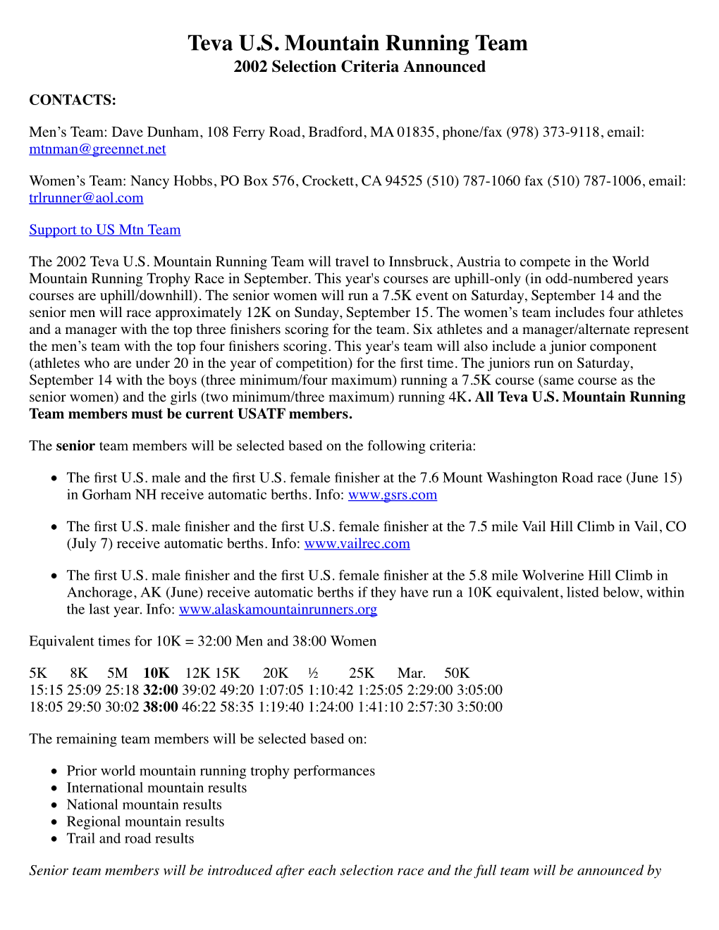 2002 Teva US Mtn Running Team Selection Criteria