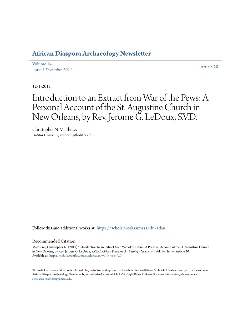 Introduction to an Extract from War of the Pews: a Personal Account of the St. Augustine Church in New Orleans, by Rev. Jerome G