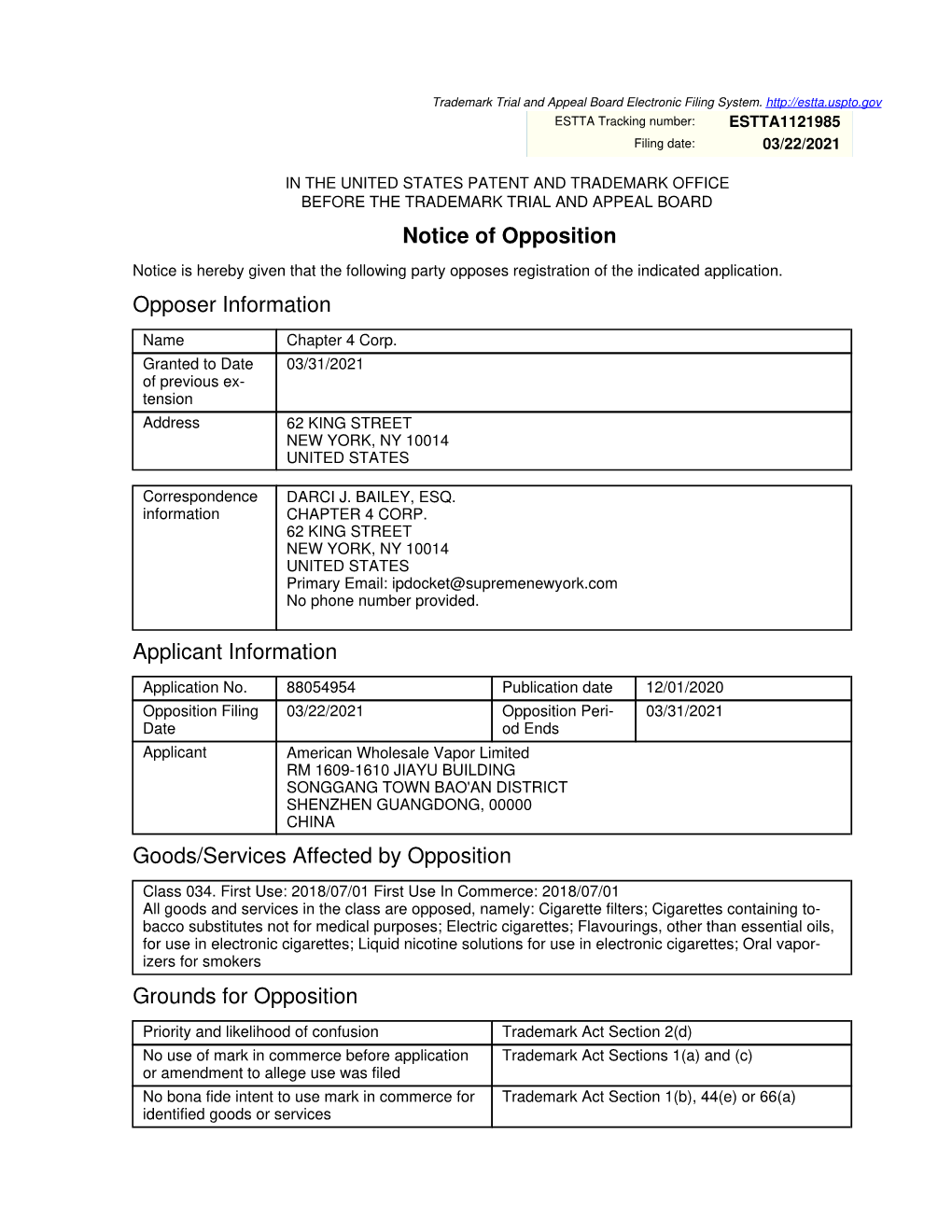 Notice of Opposition Opposer Information Applicant Information