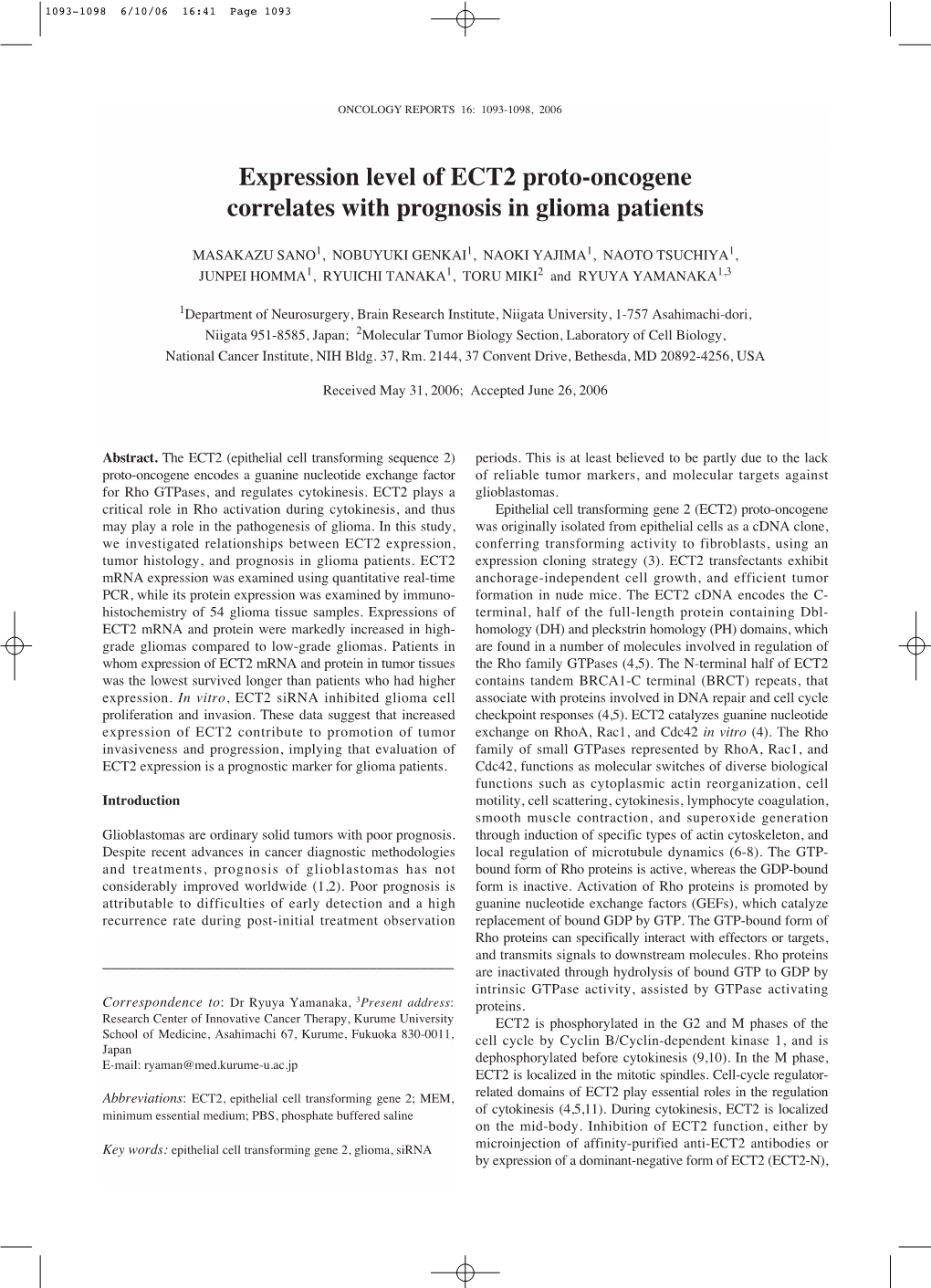 Expression Level of ECT2 Proto-Oncogene Correlates with Prognosis in Glioma Patients