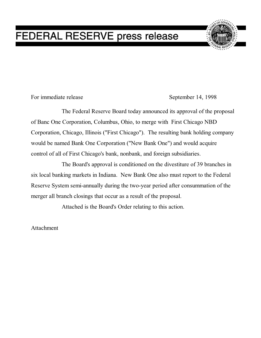 For Immediate Release September 14, 1998 the Federal Reserve Board