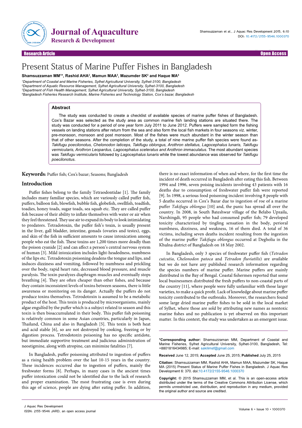 Present Status of Marine Puffer Fishes in Bangladesh