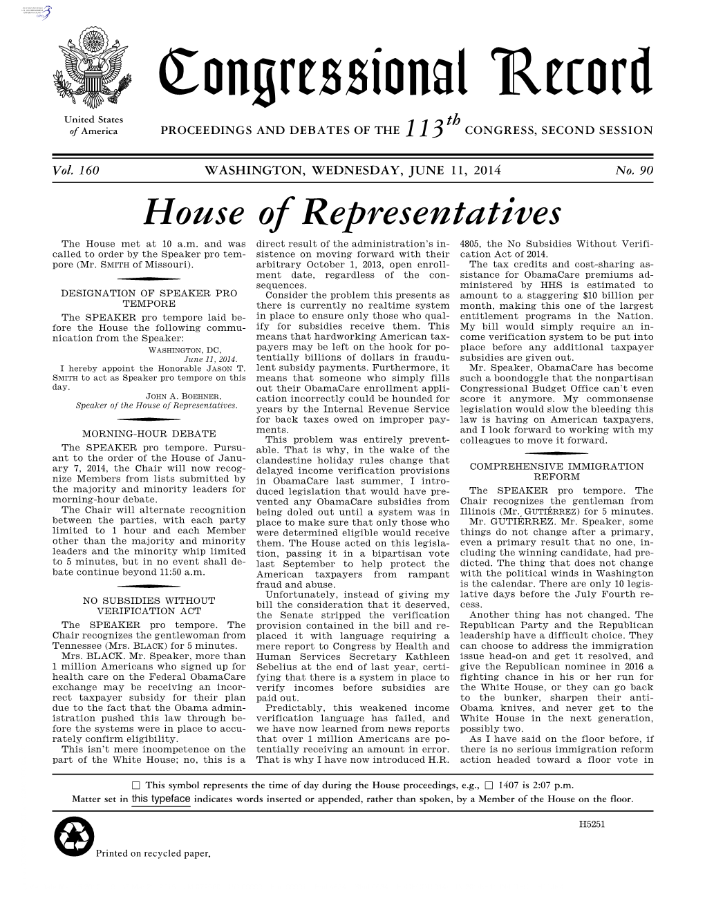 Congressional Record United States Th of America PROCEEDINGS and DEBATES of the 113 CONGRESS, SECOND SESSION